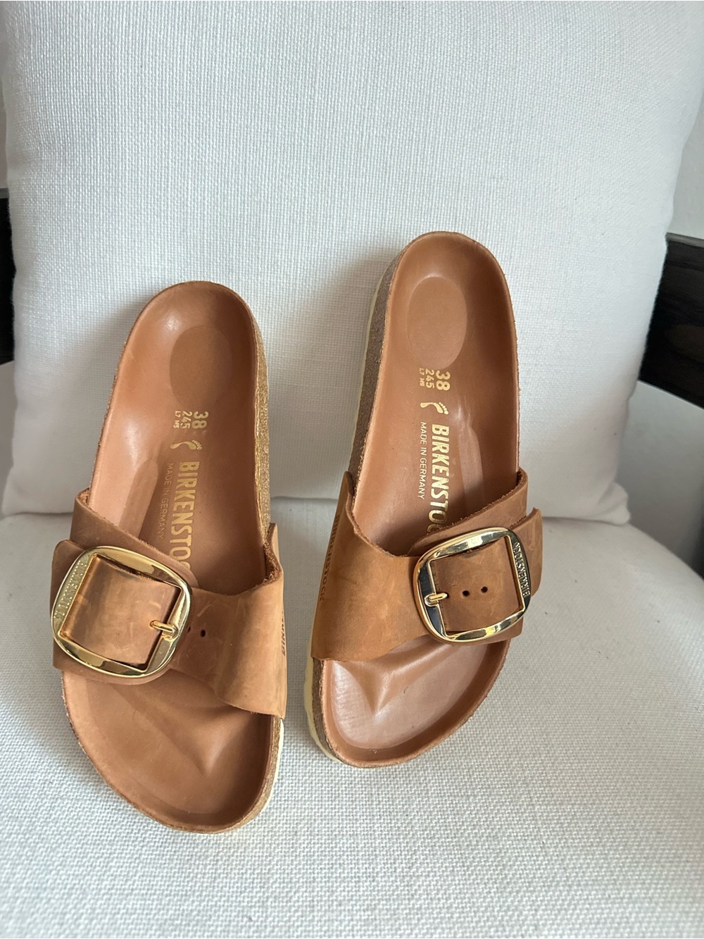 Birkenstock Women’s Madrid Slide Sandals in Cognac with Gold Buckle